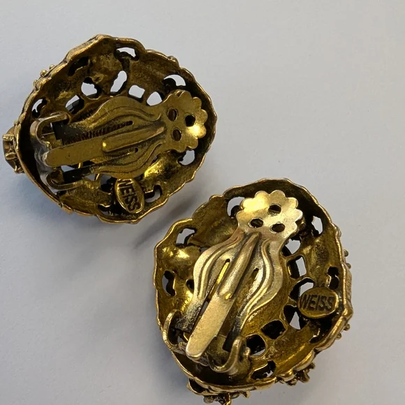 EVC SIGNED WEISS GOLD TONE CRYSTAL RHINESTONES & FX PEARLS HINGE BRACELET & EARR - Picture 8 of 14